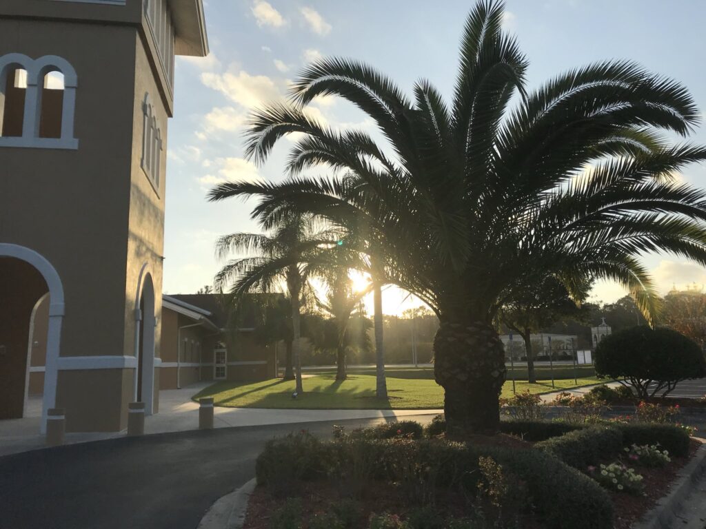 Victory Lutheran Church building at sunset