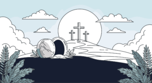 a line drawing of three crosses on a hill behind an open empty tomb